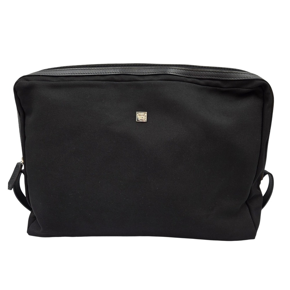 Gianni Versace Vintage Black Canvas Medusa Toiletry Bag Leather Trim Made Italy